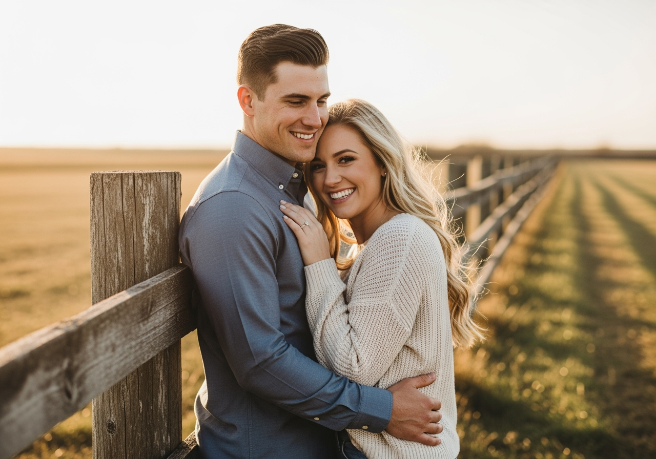 A smiling couple embracing outdoors by a wooden fence in a field at sunset.