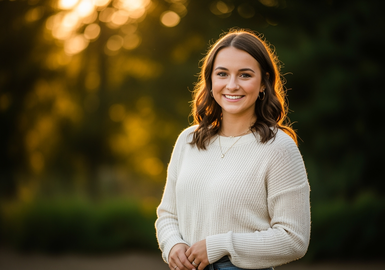 A young woman with shoulder-length brown hair, wearing a white knit sweater and jewelry, smiling outdoors during sunset with blurred trees and golden light in the background.