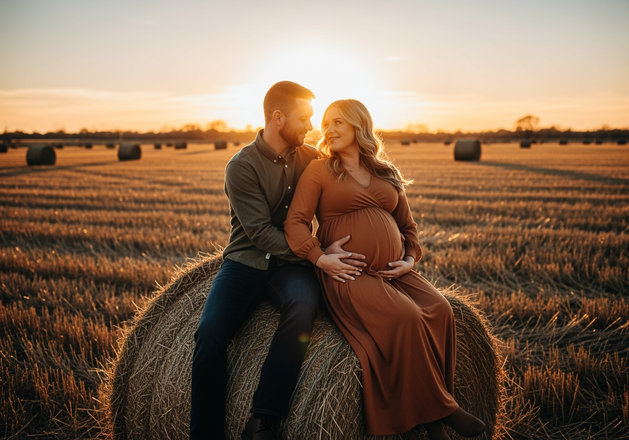 A pregnant woman and her partner sitting on a hay bale in a field at sunset, embracing each other and smiling.