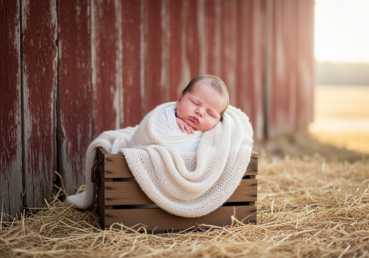 A sleeping baby wrapped in a white blanket, resting on a soft blanket inside a wooden crate, outdoors on a bed of hay near a red barn wall.