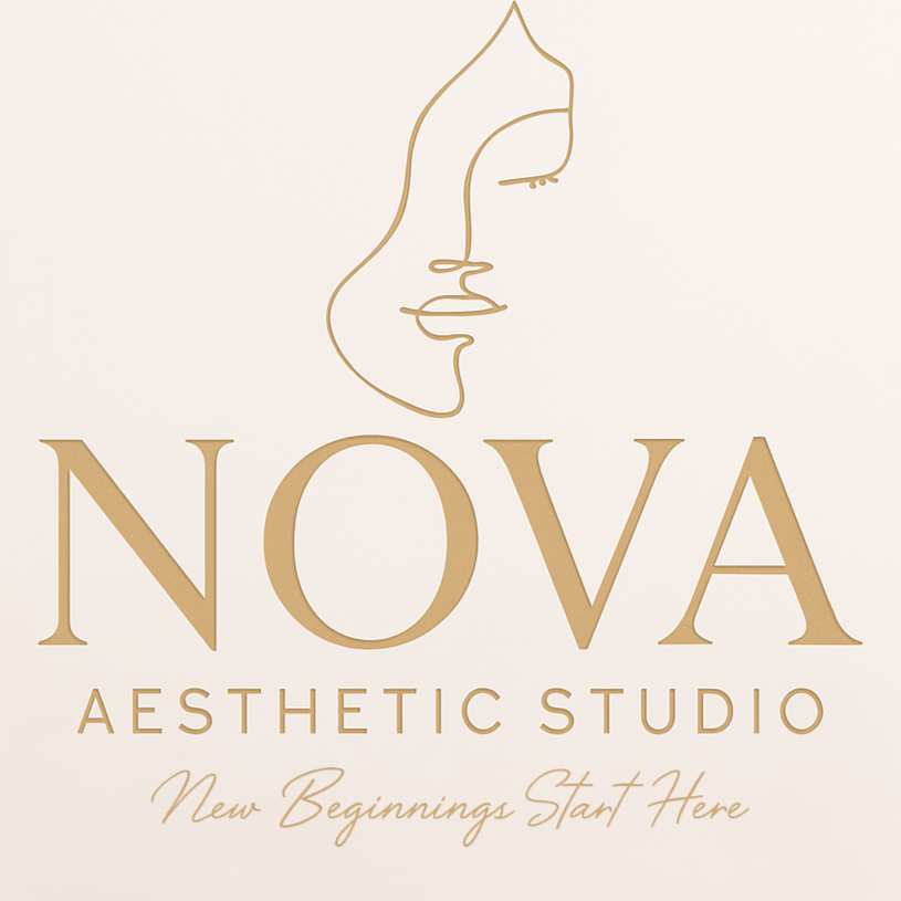Logo for NOVA Aesthetic Studio featuring a minimalist line drawing of a woman's side profile and the tagline, "New Beginnings Start Here."