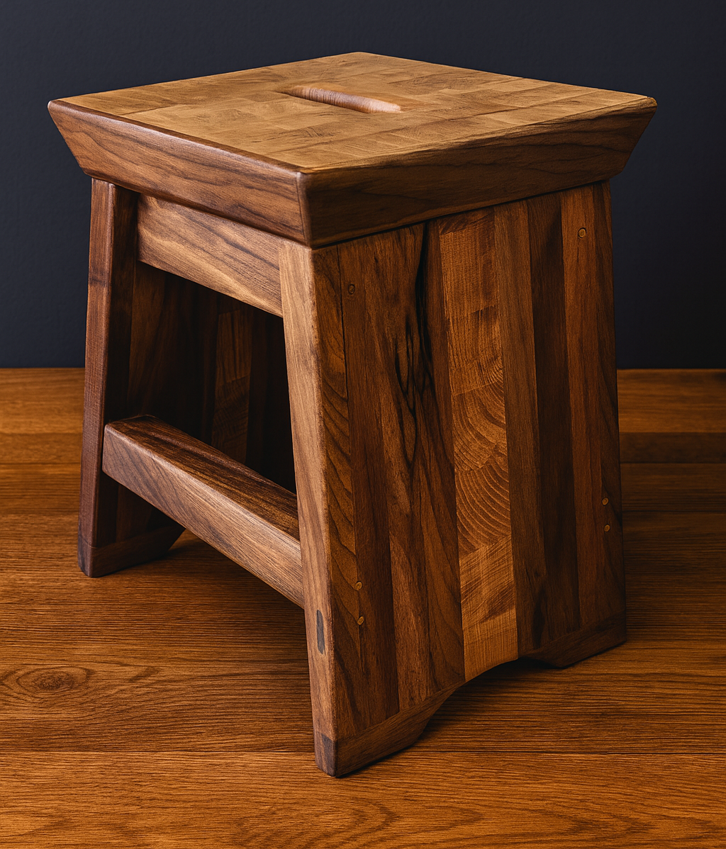 Close-up of a wooden stool with a square top and slanted legs, placed on a matching wooden surface against a dark background.