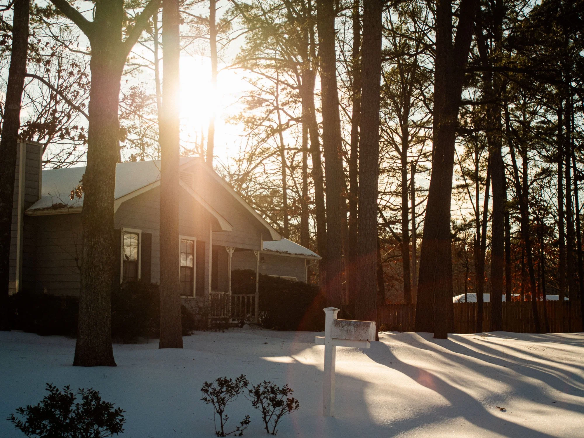 Snow-covered backyard with trees, a house with a snow-covered roof, and a white fence on a sunny winter day.