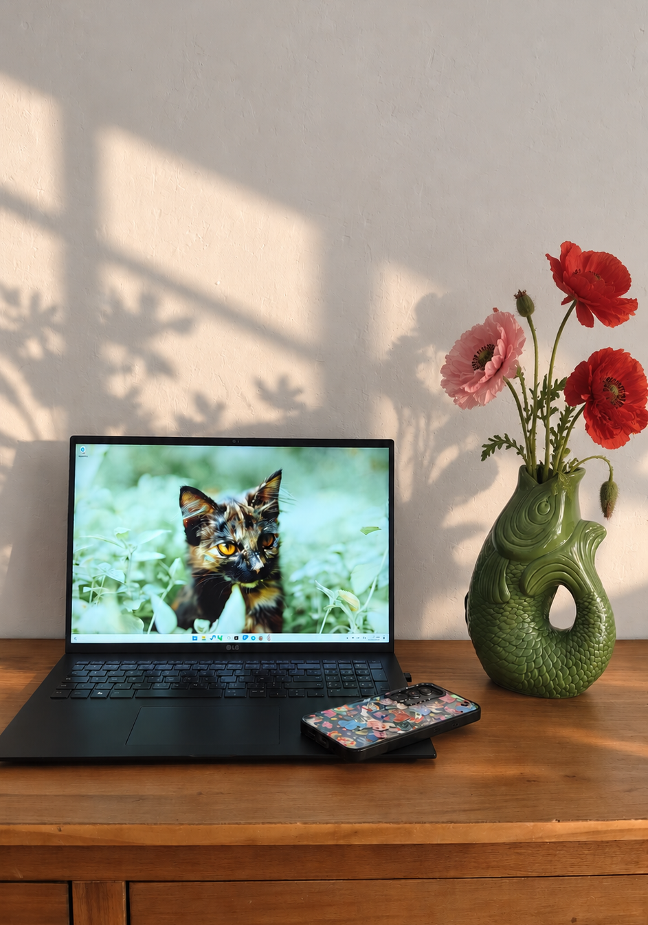 Un ordinateur portable avec une image d'un chat noir et orange à l'écran, placé sur une table en bois, avec un téléphone portable à côté, et une vase verte avec des fleurs rouges et roses à droite.