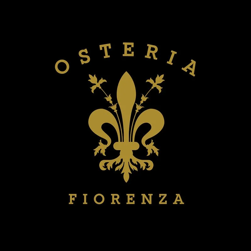 Gold fleur-de-lis symbol with the words "Osteria" above and "Firenze" below, on a black background.