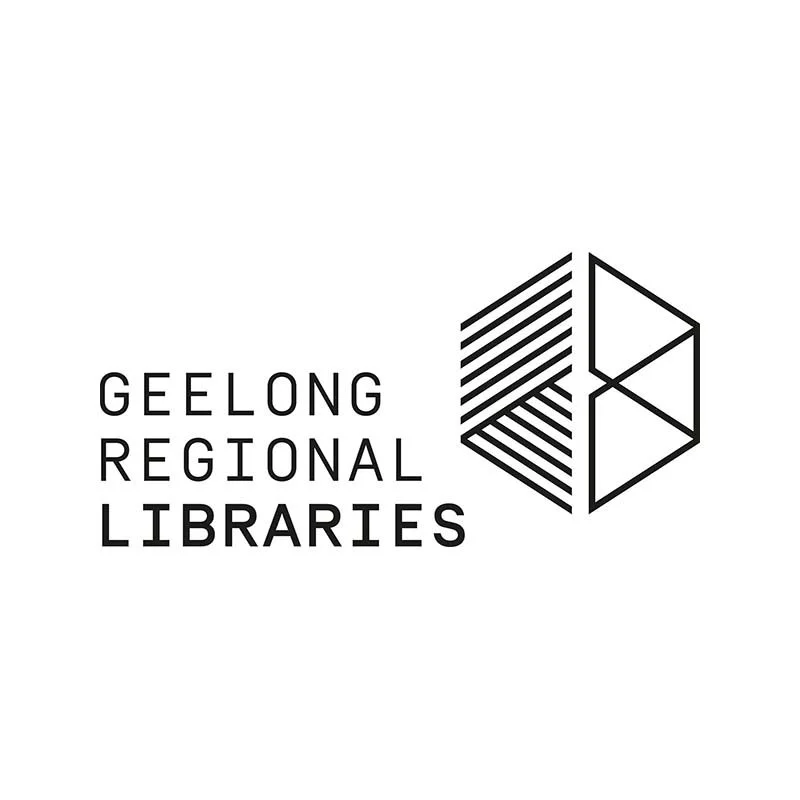 Logo of Geelong Regional Libraries with stylized geometric book icon