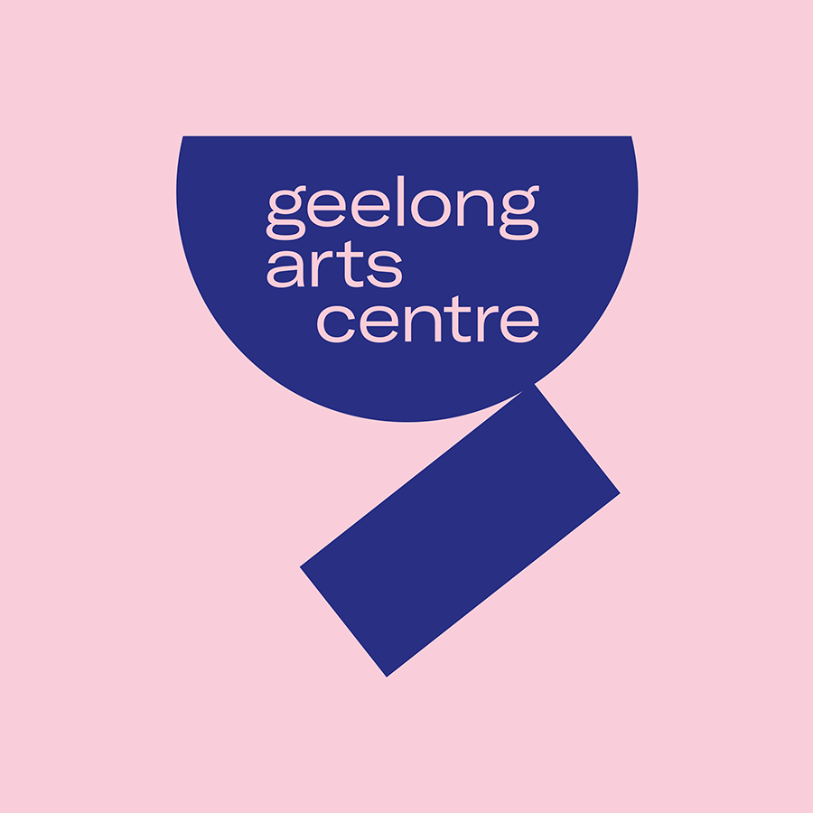 Logo of Geelong Arts Centre featuring a pink background with a dark blue geometric shape and light pink text.