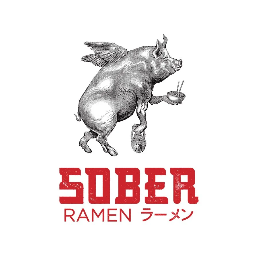 A pig with wings holding a bowl of ramen and a bottle of alcohol, with the word "SOBER" in bold red letters and additional text "RAMEN" and Japanese characters below.