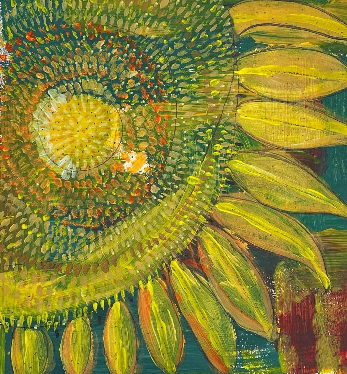 Abstract painting of a sunflower with yellow petals on the right, and a detailed center with patterned green, yellow, and red elements, set against a background of green and blue hues.