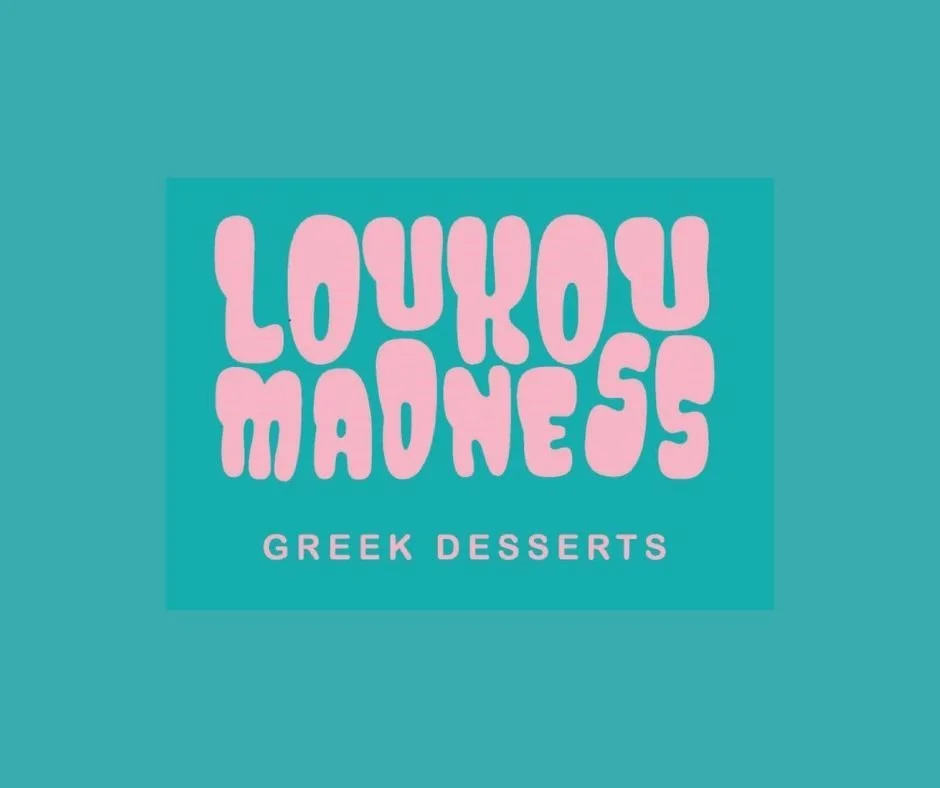 Logo for Loukoumades Greek Desserts with stylized pink text on a turquoise background.