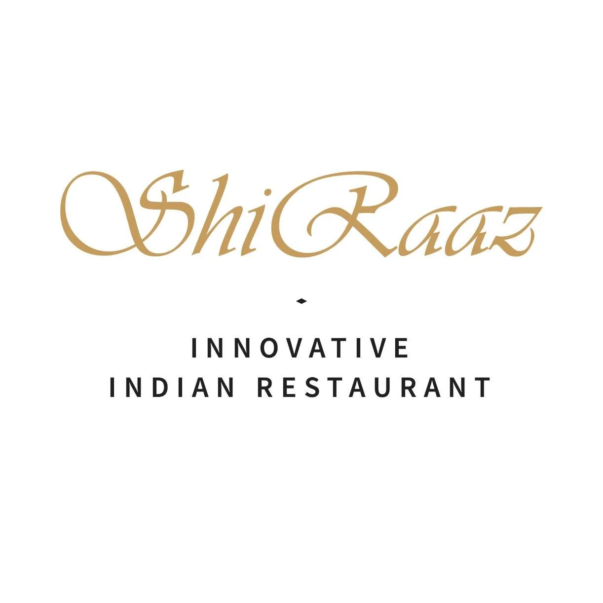 Logo for Shi Razi, an innovative Indian restaurant, with the restaurant's name in elegant gold script and descriptive text in black.