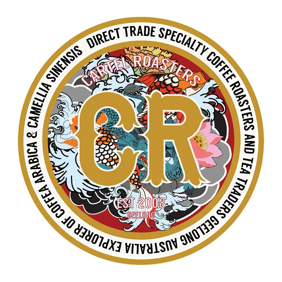 A circular logo for Cartel Roasters featuring a dragon, lotus flower, clouds, and koi fish, with gold, black, and red colors. Text includes 'EST 2008 GEELONG' and surrounding business names like 'Coffee Arabia & Camelias Sinai,' 'Direct Trade Specialty Coffee,' 'Roasters and Tea Traders,' and 'Expanding Australia.'