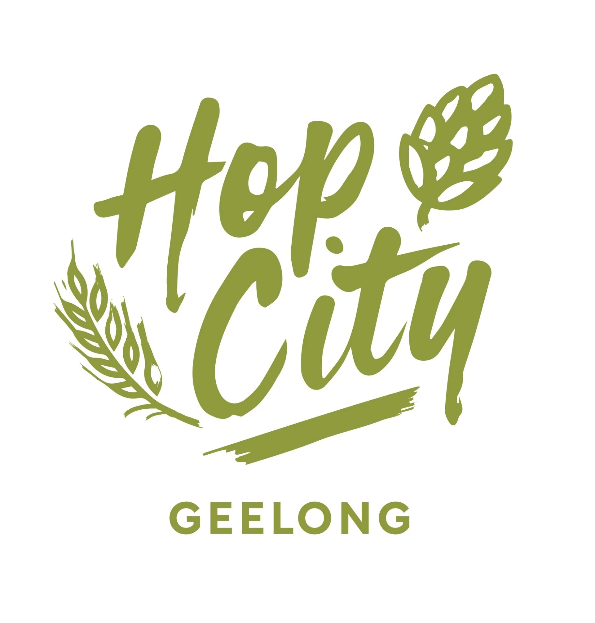 Green logo with the words 'Hoppy City' in stylized font, accompanied by a leaf and a wheat stalk, and the word 'GELONG' underneath