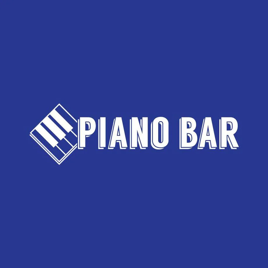 Blue background with a logo featuring a stylized piano keyboard and the words "Piano Bar" in white.