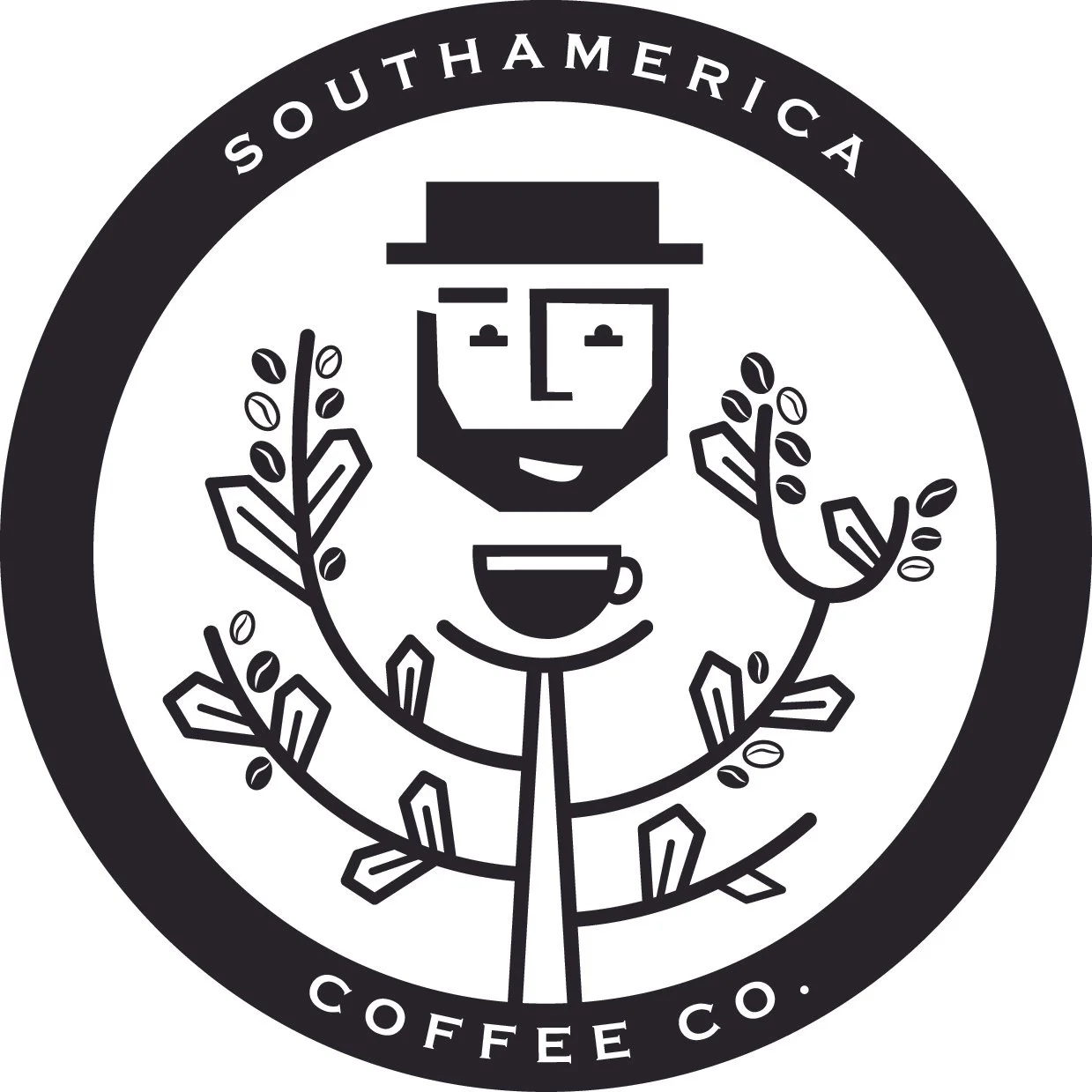 A circular logo with the words 'South American Coffee Co.' at the top border. Inside, a stylised cartoon face with a hat, glasses, and a beard is depicted with a coffee cup below its face, surrounded by coffee plant branches with coffee beans.