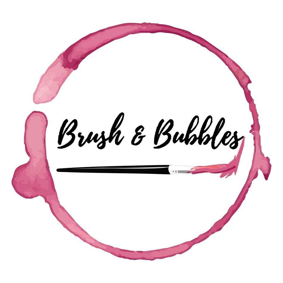 Logo for Brush & Bubbles, featuring a pink paintbrush stroke forming a circle, with a paintbrush icon and stylish black script text.