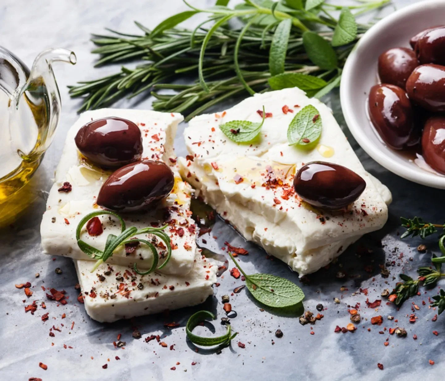 Slices of white cheese garnished with black olives, fresh herbs, and red pepper flakes, with a bowl of olives and a small pitcher of olive oil nearby.