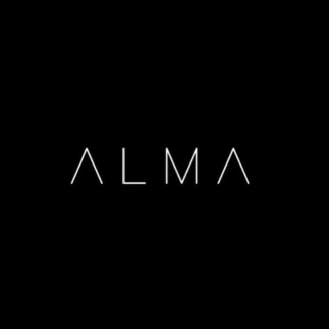 Minimalist black background with the word 'ALMA' in white, stylized, thin, uppercase letters.
