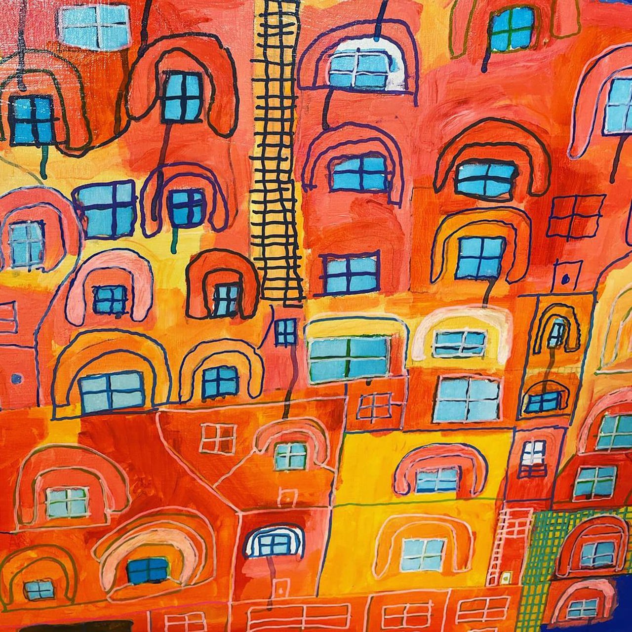 Colorful abstract painting of a cityscape with various buildings in shades of orange, yellow, and red, featuring blue windows and black outlines.