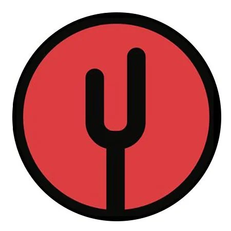 A red circular logo with a black border, featuring a black design resembling a combination of a fork and a Y shape in the center.