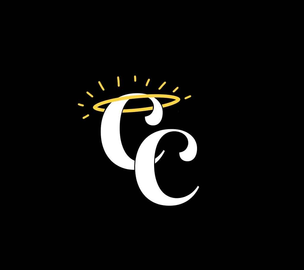 White stylized letters 'C' with a golden halo and rays on a black background.
