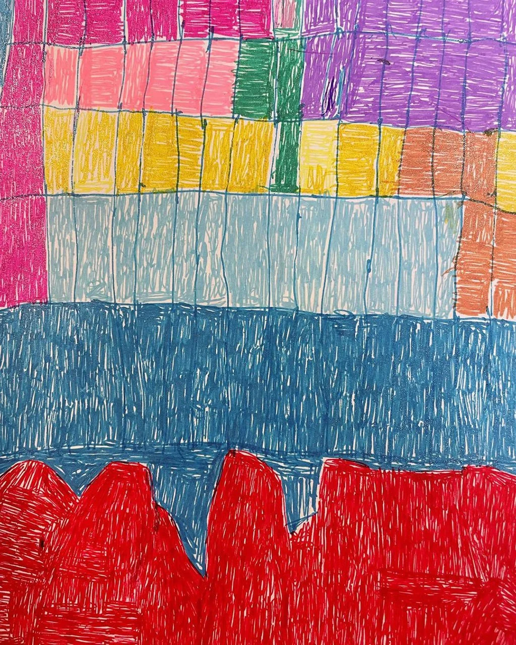 A colorful drawing of the American flag with red and white stripes replaced by rainbow colors, created with crayon and marker.