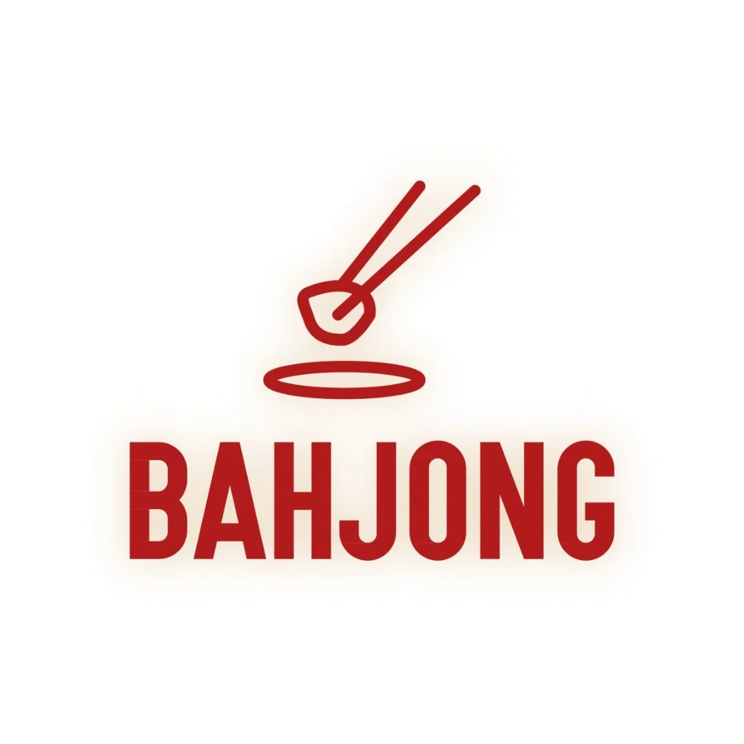 Red line drawing of a bowl with chopsticks above it, and the word BAHJONG written below in red capital letters.