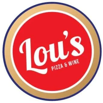 Logo for Lou's Pizza & Wine with red background and white text.