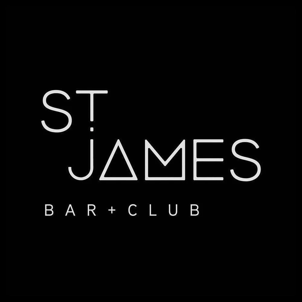 Stylish black promotional poster for St. James Bar + Club with modern white text and geometric designs.