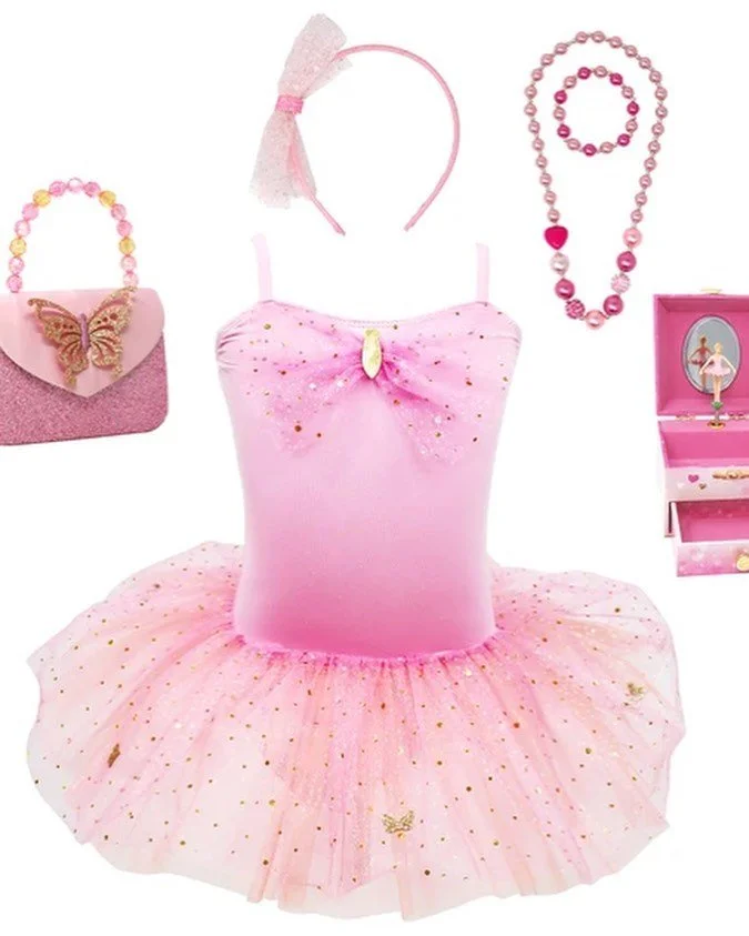 Pink ballet outfit with tutu, matching headband, pink pearl necklace with heart charm, pink purse with butterfly decoration, and a pink jewelry box with ballerina figure.