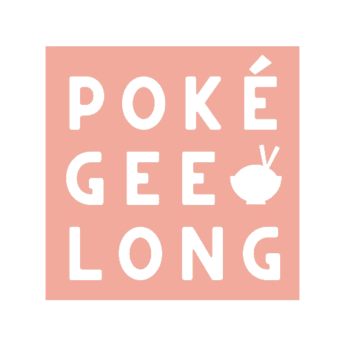 A pink square with black text spelling 'POKÉ GEE LONG' and a stylized pokéball with antennae.