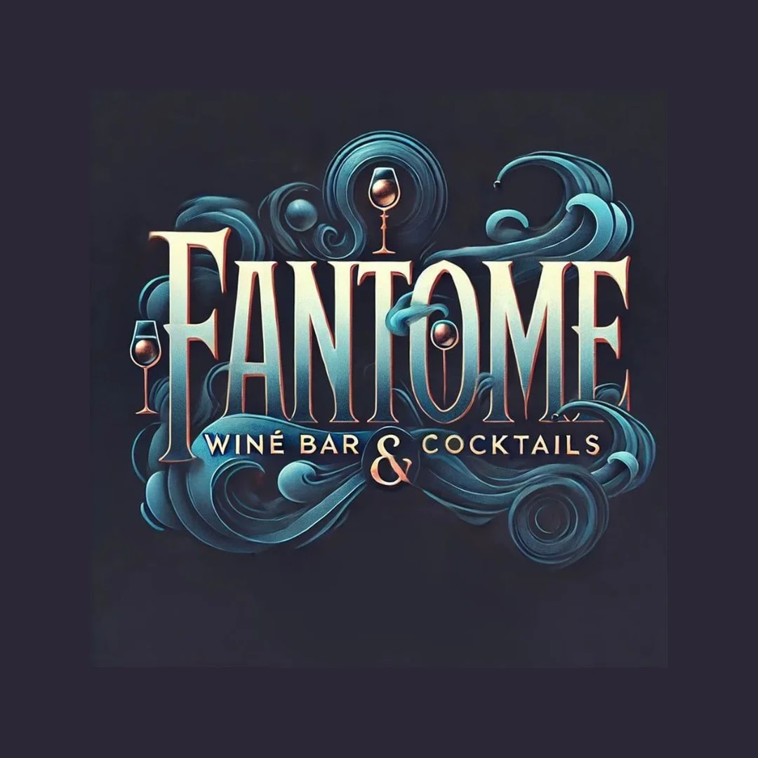 Logo for Fantome Wine Bar & Cocktails with swirling blue smoke and glasses of wine.