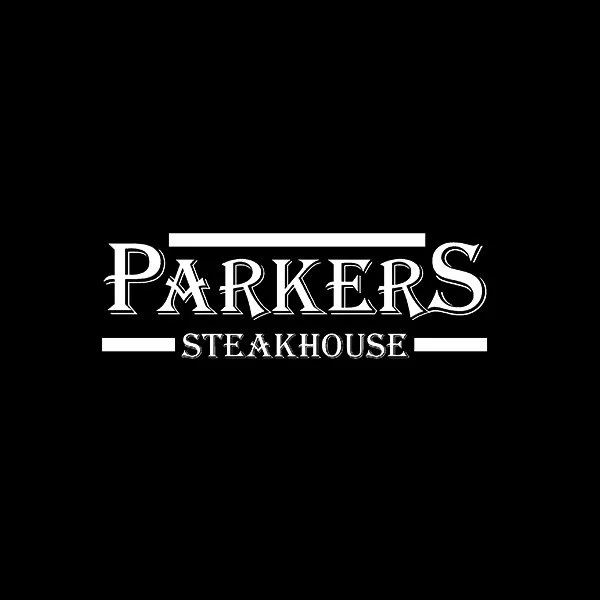 Logo for Parkers Steakhouse with black background and white text.