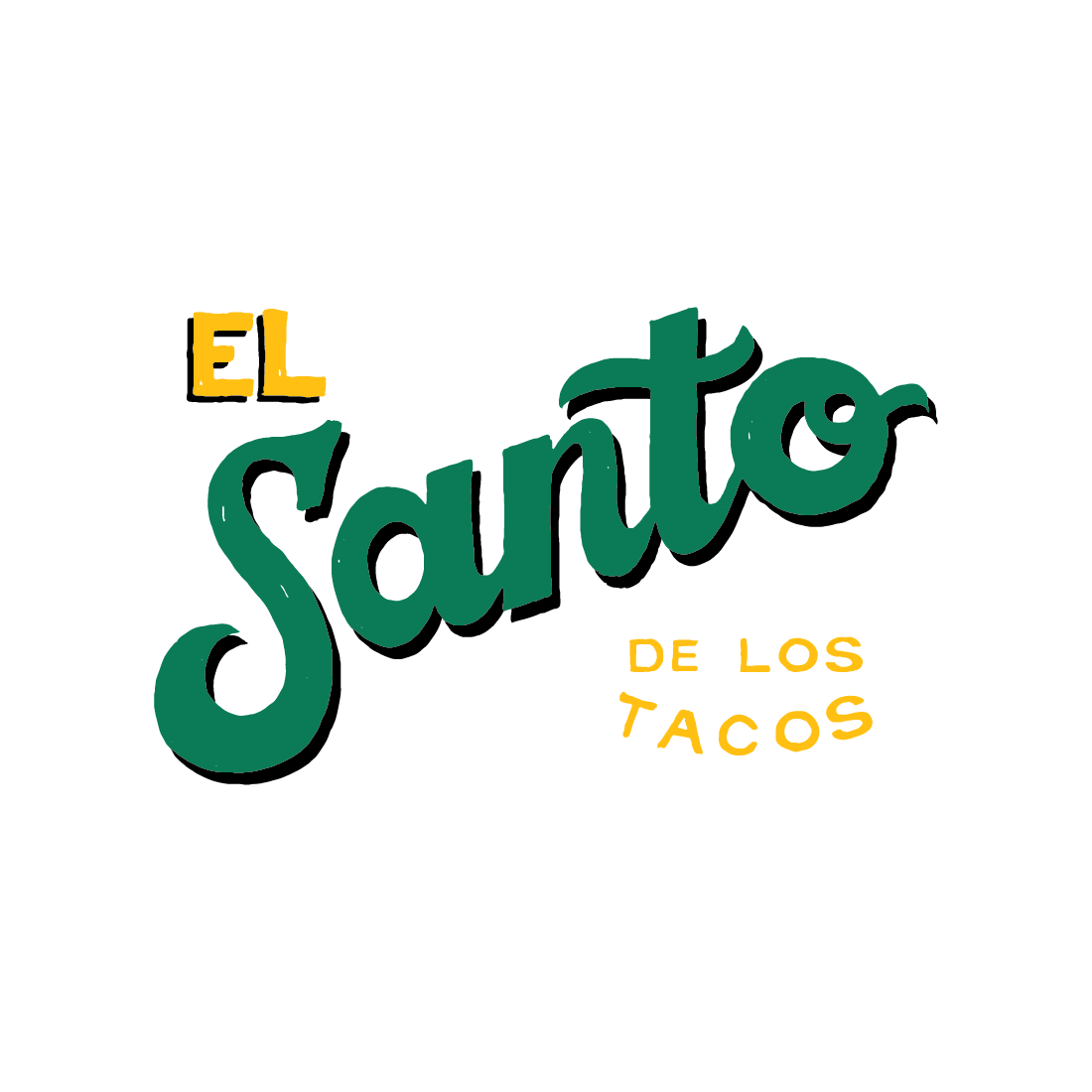 Text logo for 'El Santo de Los Tacos' with stylized lettering in green, yellow, and black.
