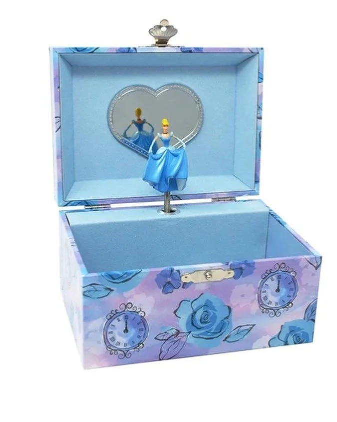 Decorative jewelry box featuring a Cinderella figurine and mirror, with clock motifs and blue rose patterns on the exterior.