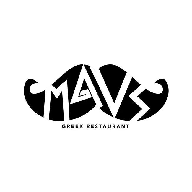 Black and white logo for 'Mavis Greek Restaurant' with stylized, artistic text.