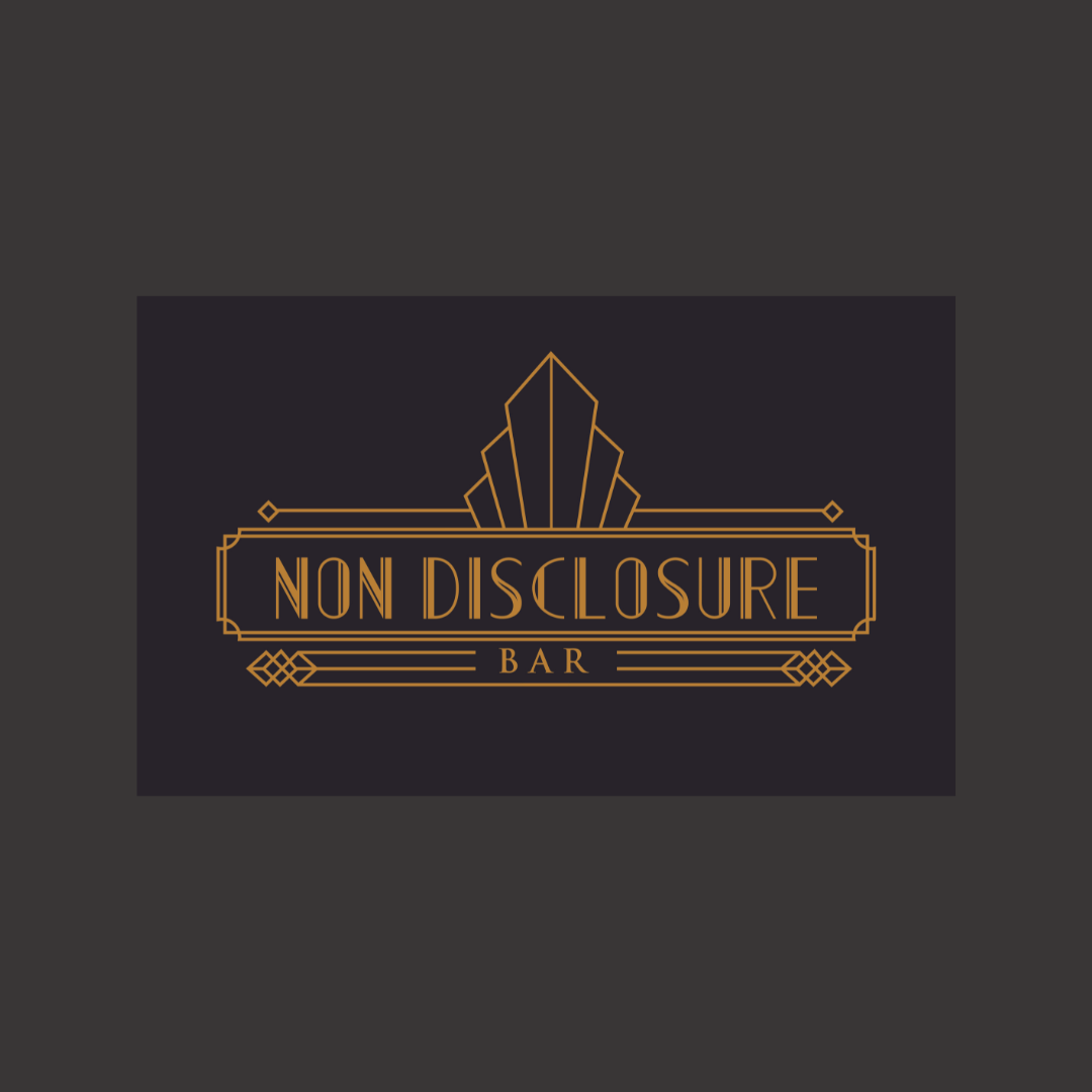 Logo for Non Disclosure Bar with art deco style gold outline on a black background.