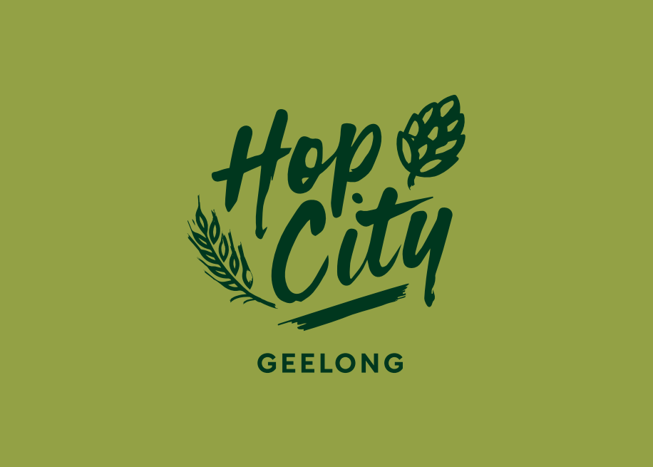 Logo for Hop City Geelong with stylized text and hop leaf illustrations on a green background.