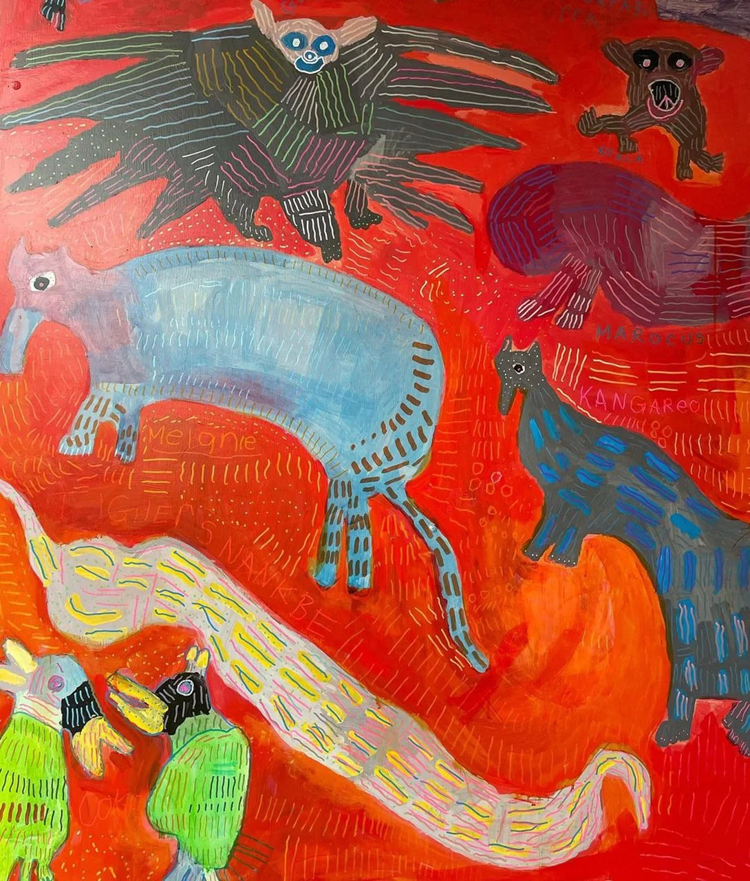 Colorful artwork depicting various animals on a red background, including a blue kangaroo, a white and yellow snake, a purple and blue bear, a black and brown dog, a black bat with blue eyes, and a brown monkey, with names written near some animals.