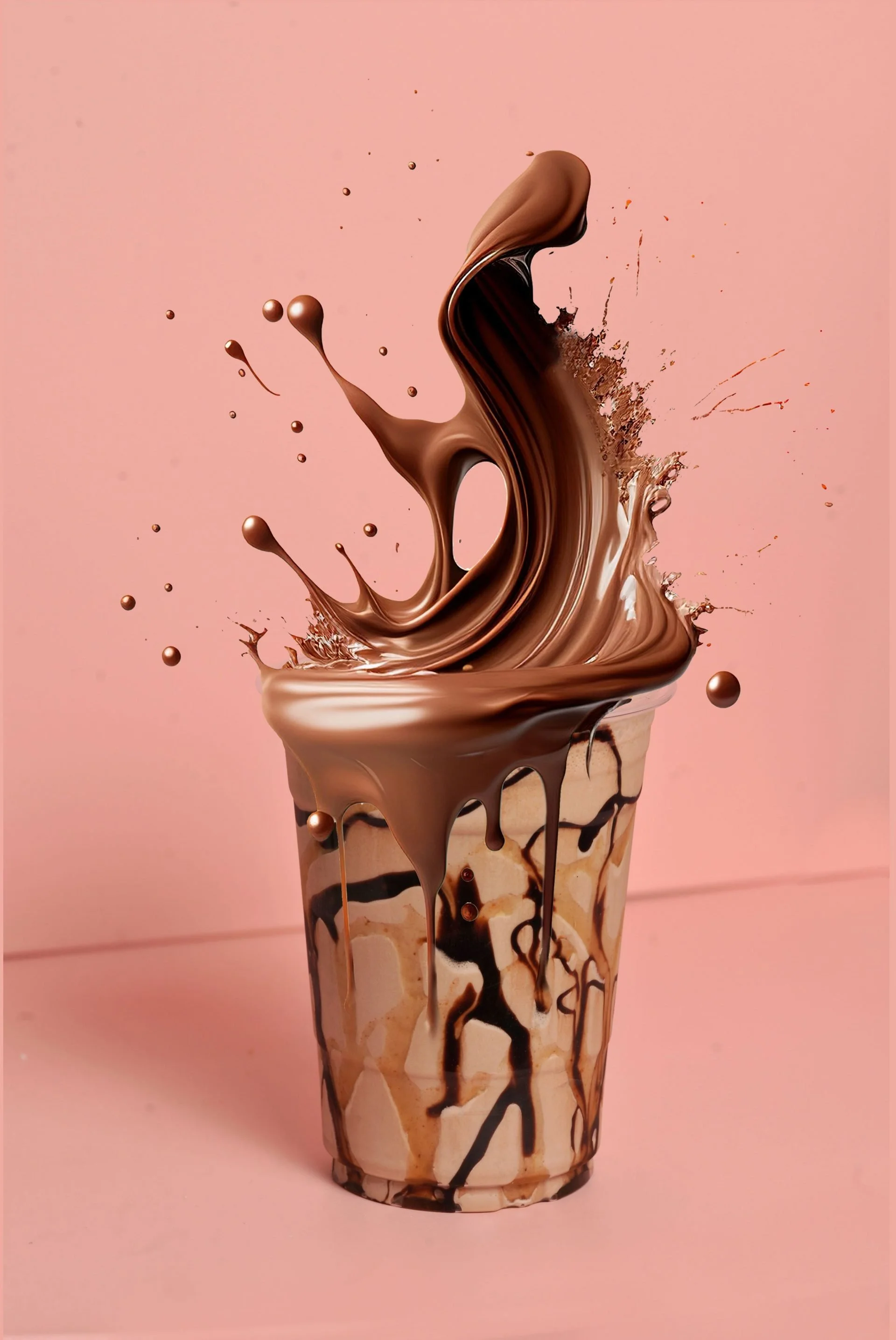 Chocolate milk splash inside a cup with chocolate drizzle, set against a pink background.