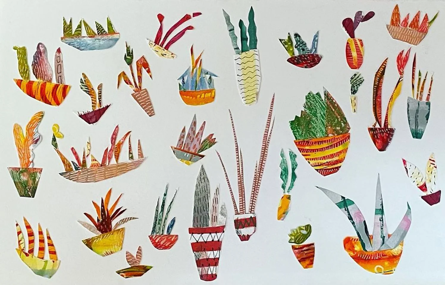 Collection of colorful paper cut-outs of various potted houseplants and succulents on a white background.