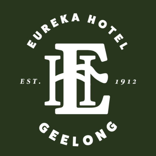 Logo of Eureka Hotel in Geelong with the establishment year 1912, featuring large interlinked letters 'E' and 'H' surrounded by the words 'Eureka Hotel' and 'Geelong' on a dark green background.