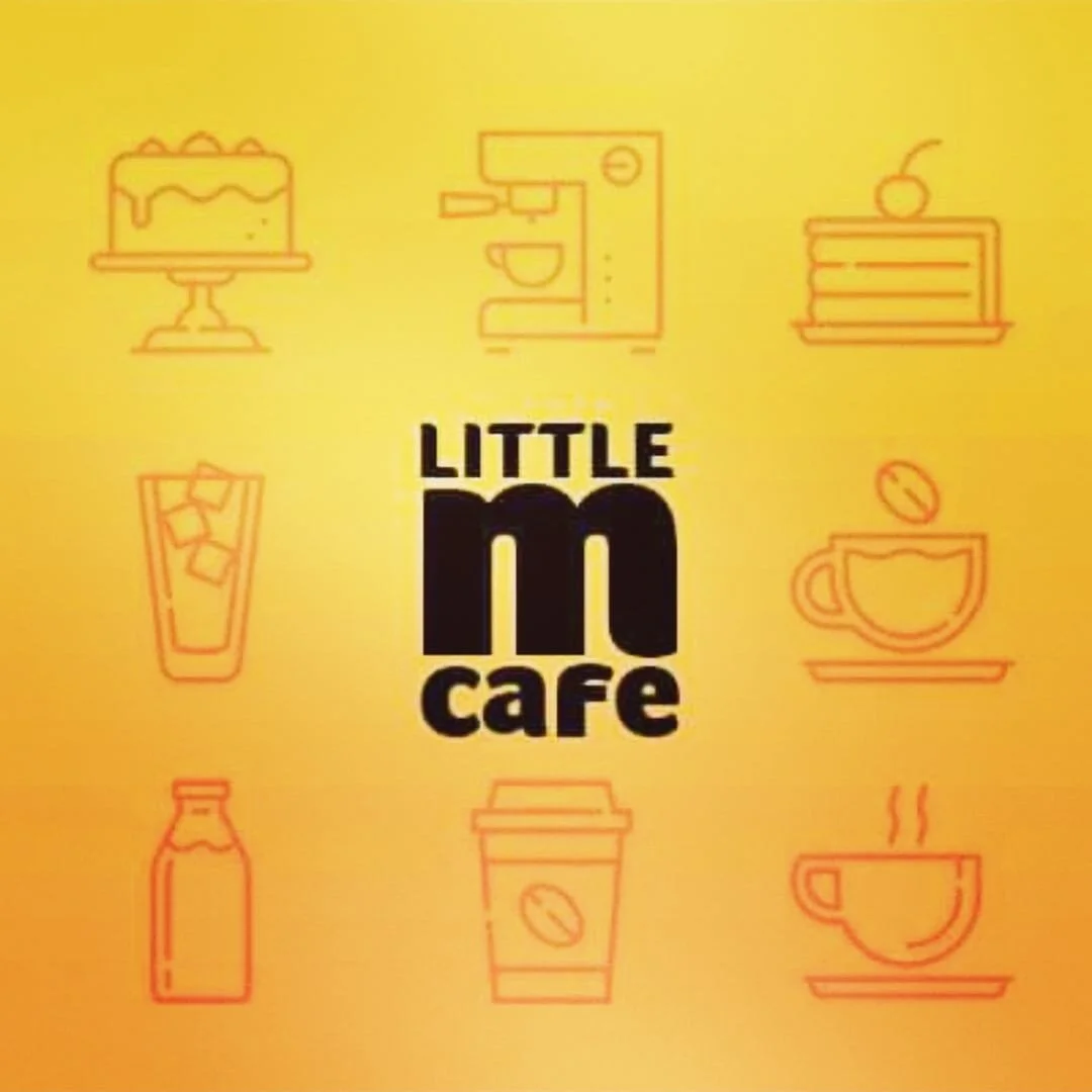 Yellow background with orange outline drawings of a cake, coffee machine, stacked books with a cherry on top, glass of iced drink, coffee cup with a coffee bean, milk bottle, and a steaming coffee cup surrounding black text that reads "LITTLE MO CAFE".