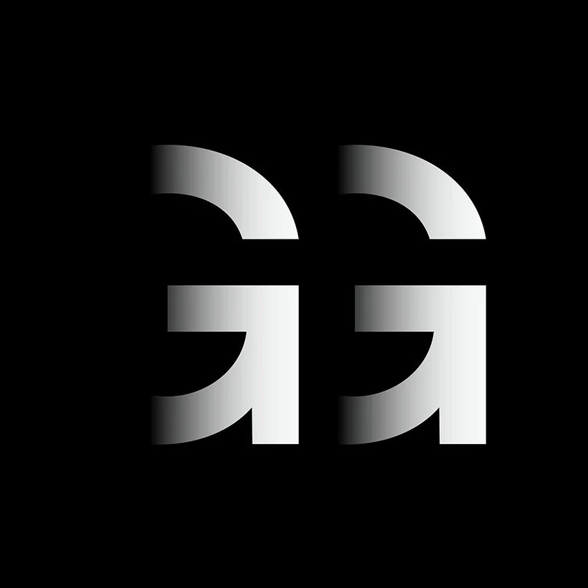 Stylized black and white logo featuring overlapping quotation marks.