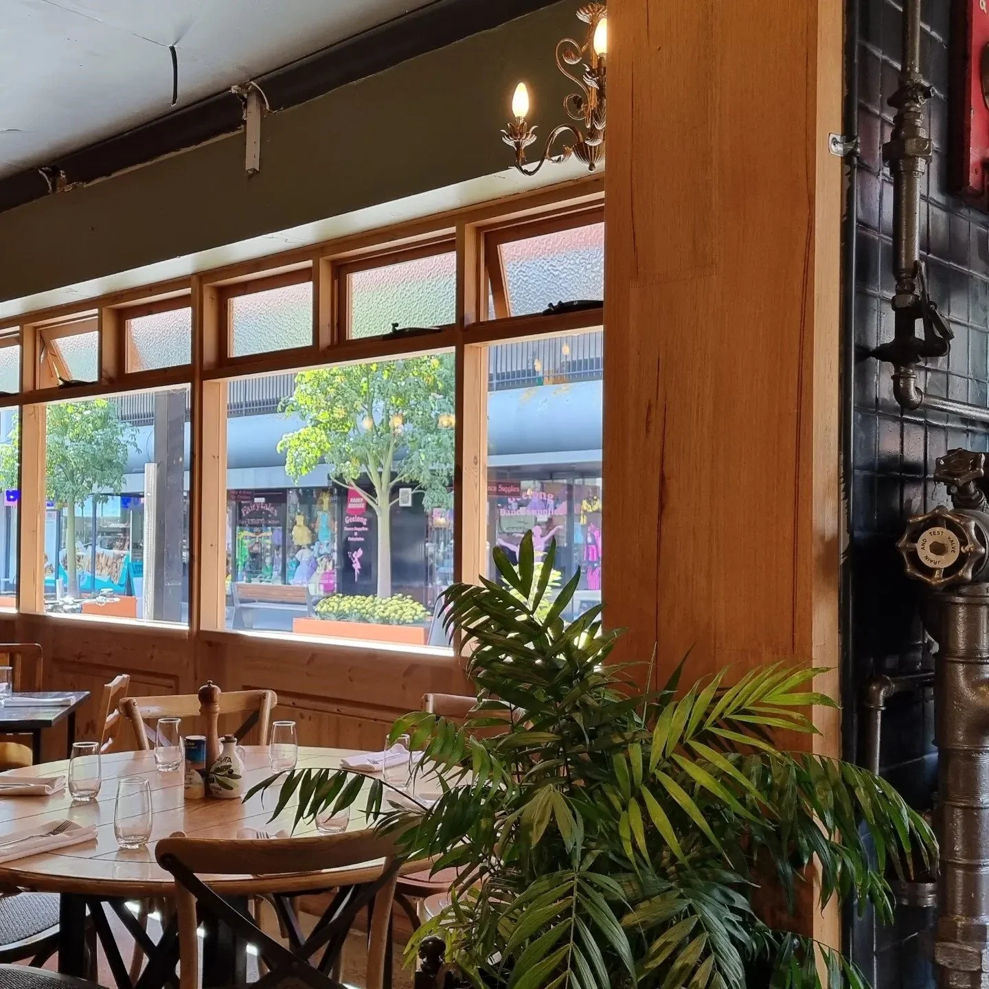 Interior of a restaurant with wooden tables and chairs, a green plant, and large windows showing trees and storefronts outside. There is also a wall with black tiles and industrial piping.