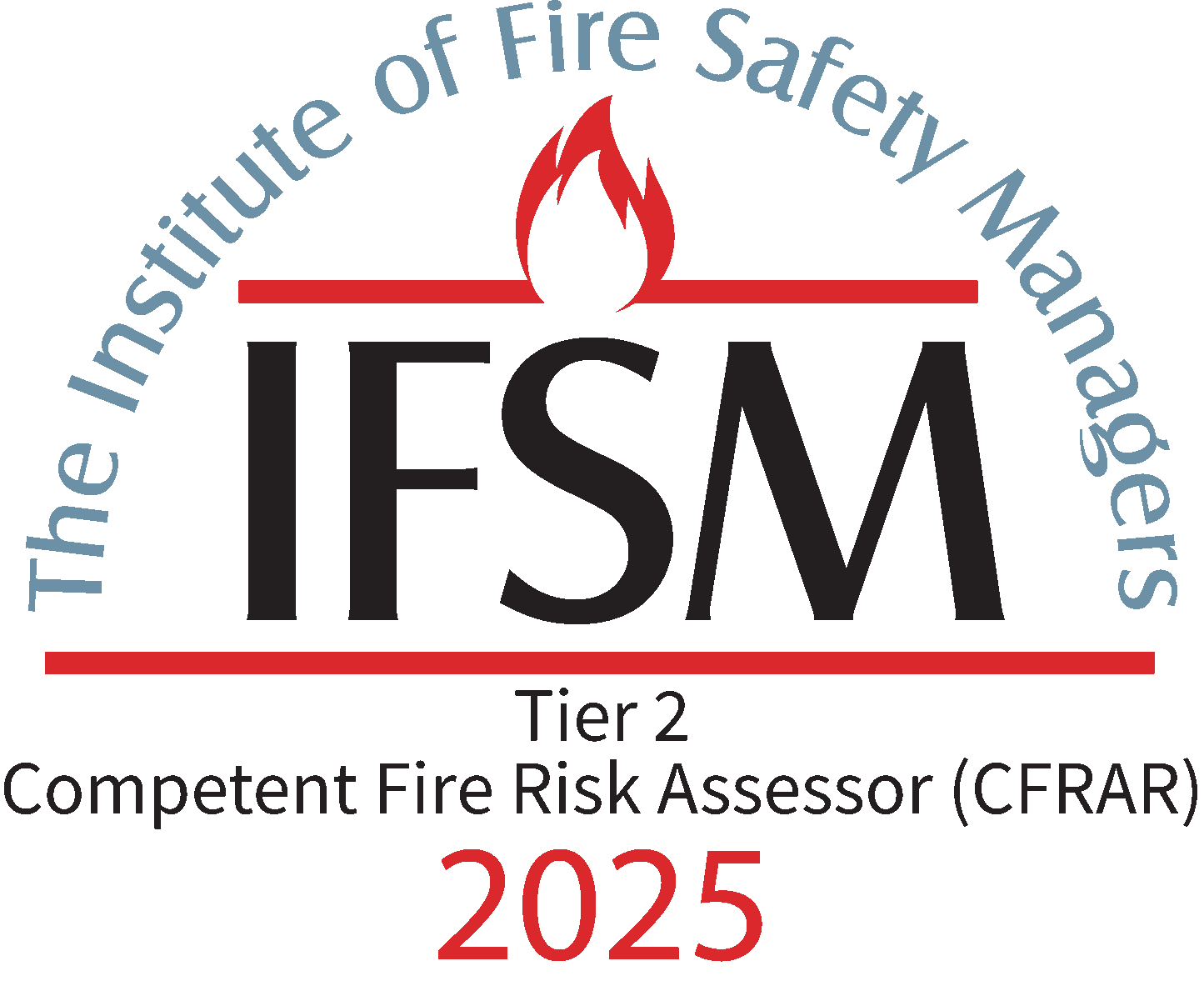 Logo of the Institute of Fire Safety Management (IFSM) with a red flame, black text, and a red horizontal line. The text reads, 'The Institute of Fire Safety Managers,' 'Tier 2,' 'Competent Fire Risk Assessor (CFRAR),' and '2025.'