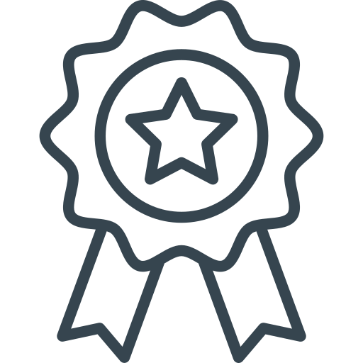 Line drawing of a medal with a star in the center and two ribbons hanging down