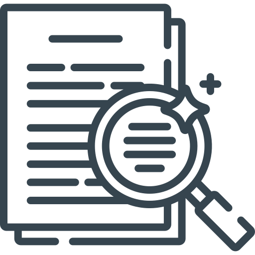 Icon of a document with a magnifying glass and plus sign, representing searching or reviewing documents.