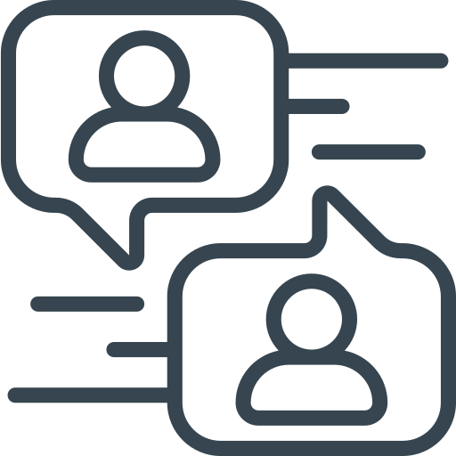 Icon representing two chat bubbles with user profile silhouettes and lines indicating communication.
