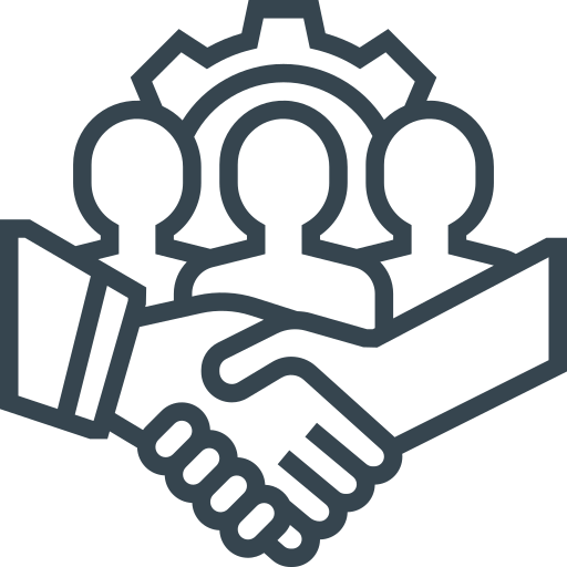 Outline illustration of a handshake in front of a gear and three human figures, symbolizing teamwork and collaboration.